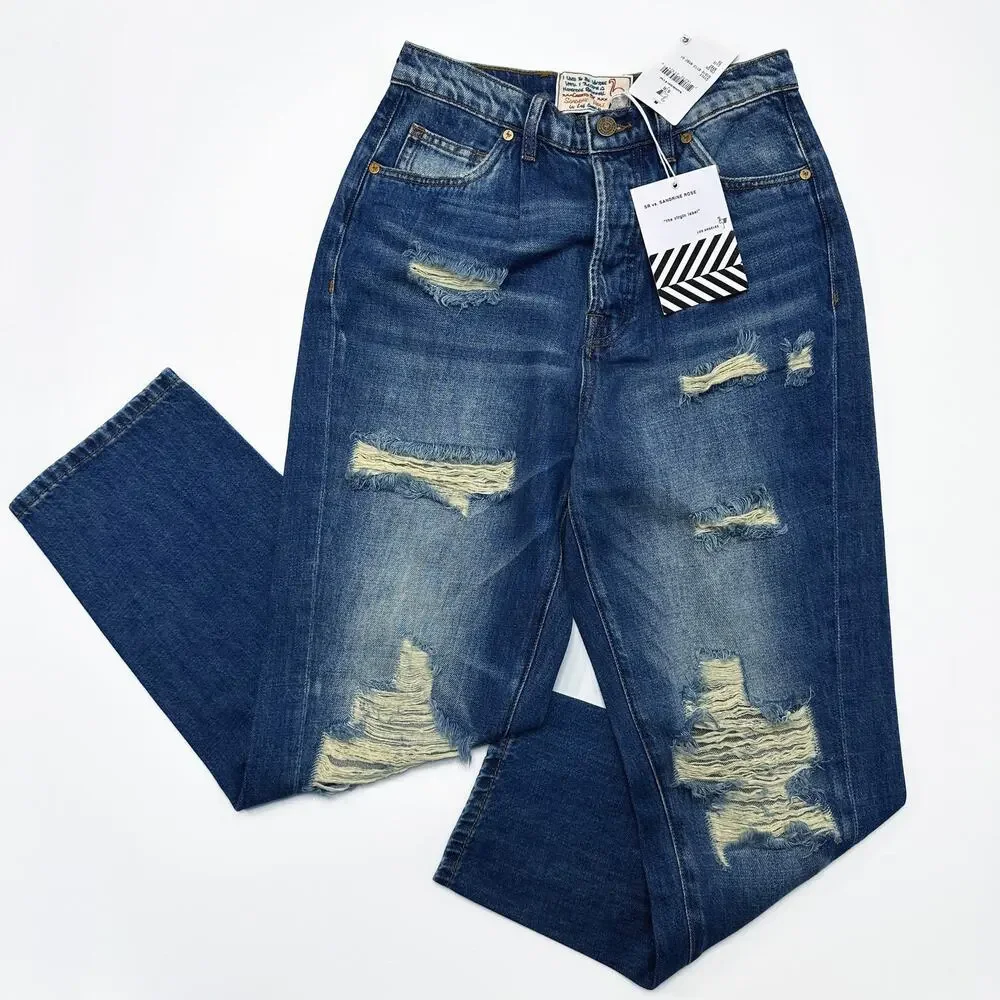 Free People Sandrine Rose R1016 Pleated Ripped Dark Wash Straight Leg Jeans 26 - Picture 2 of 16